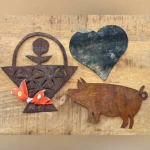 Rustic Metal Wall Decor Set - Heart, Pig, and Flower Basket